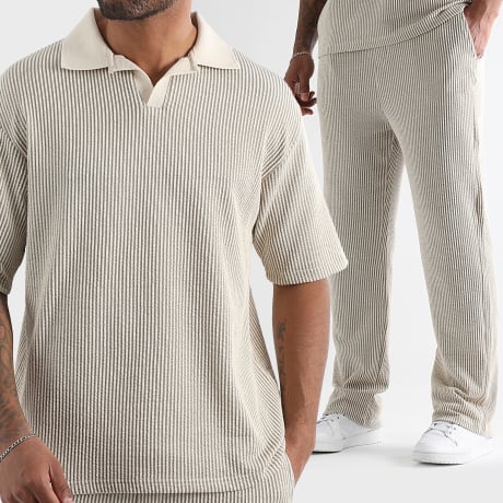 Classic Series - Seersucker Strepen Wijde Pijp Poloshirt En Broek Set 3691 3701 Beige